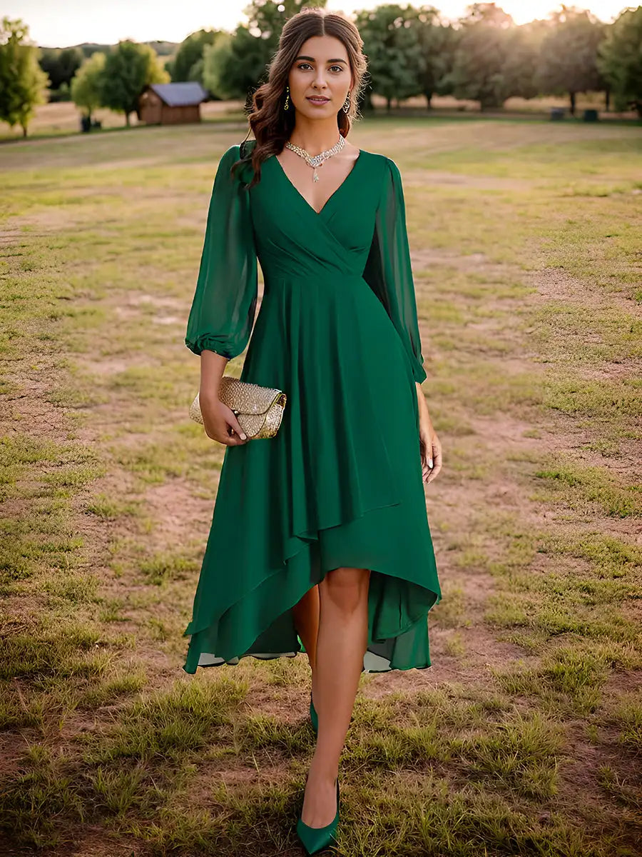 Simple Evening Dresses V-Neck Long Sleeves Pleated Ruffles