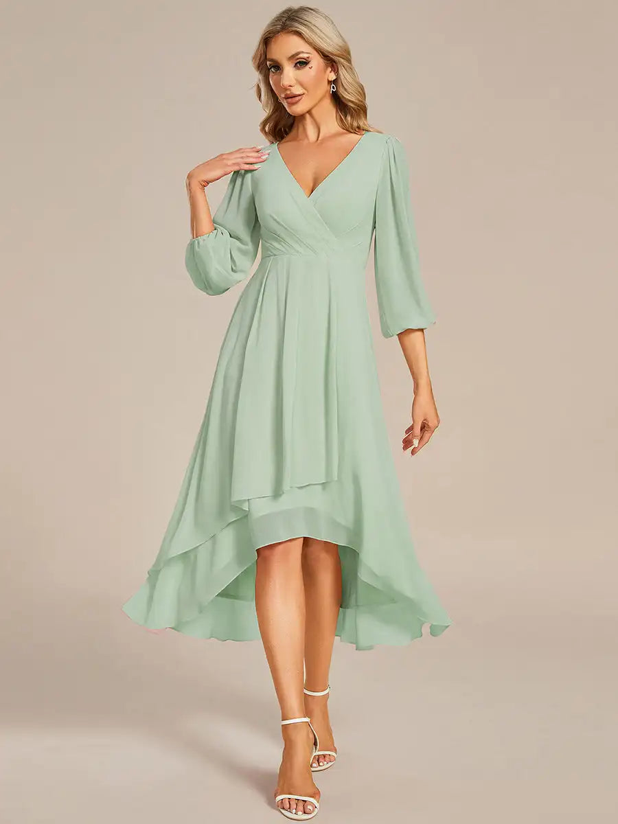 Simple Evening Dresses V-Neck Long Sleeves Pleated Ruffles