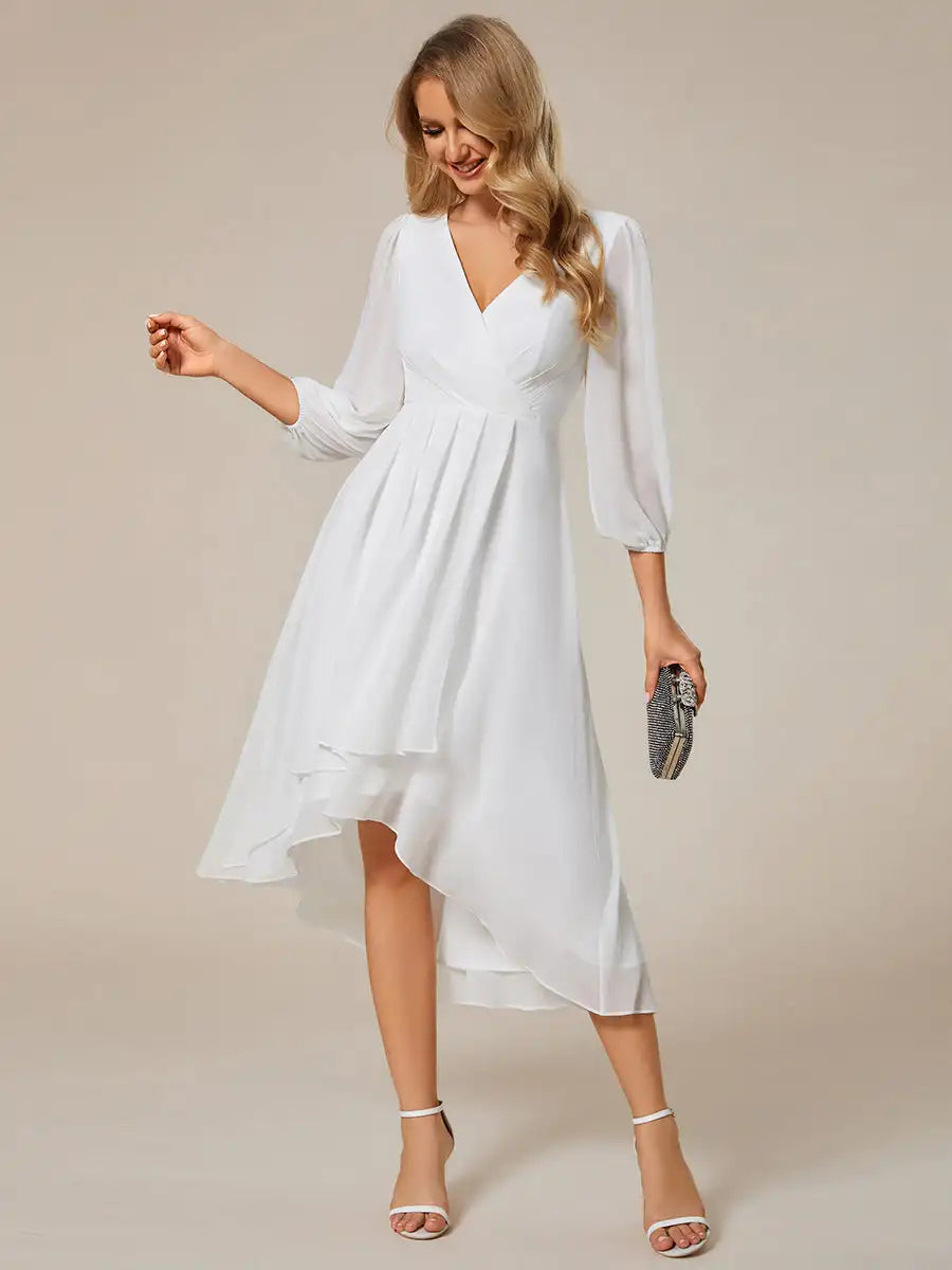 Simple Evening Dresses V-Neck Long Sleeves Pleated Ruffles