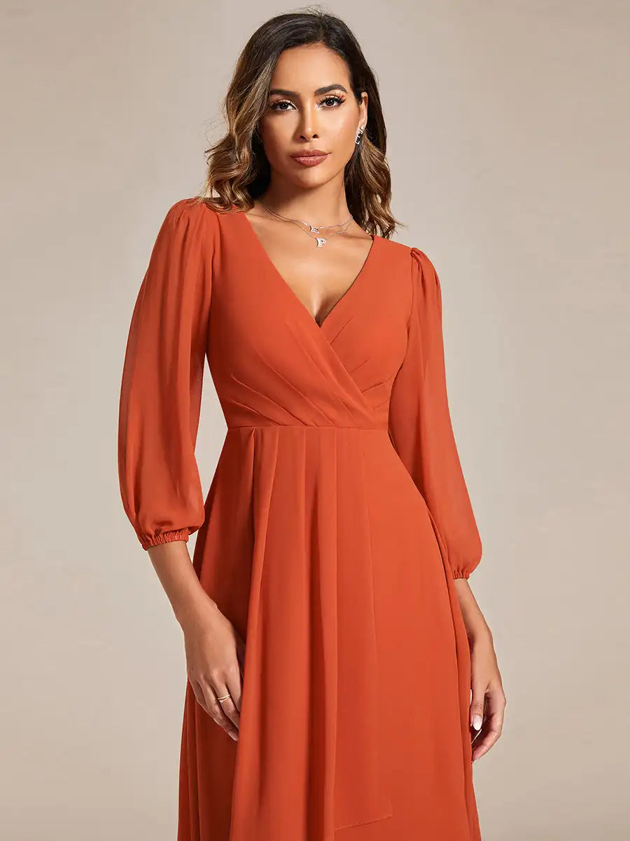 Simple Evening Dresses V-Neck Long Sleeves Pleated Ruffles