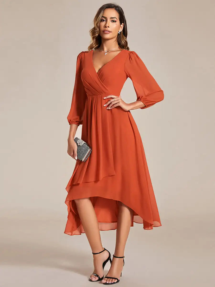 Simple Evening Dresses V-Neck Long Sleeves Pleated Ruffles