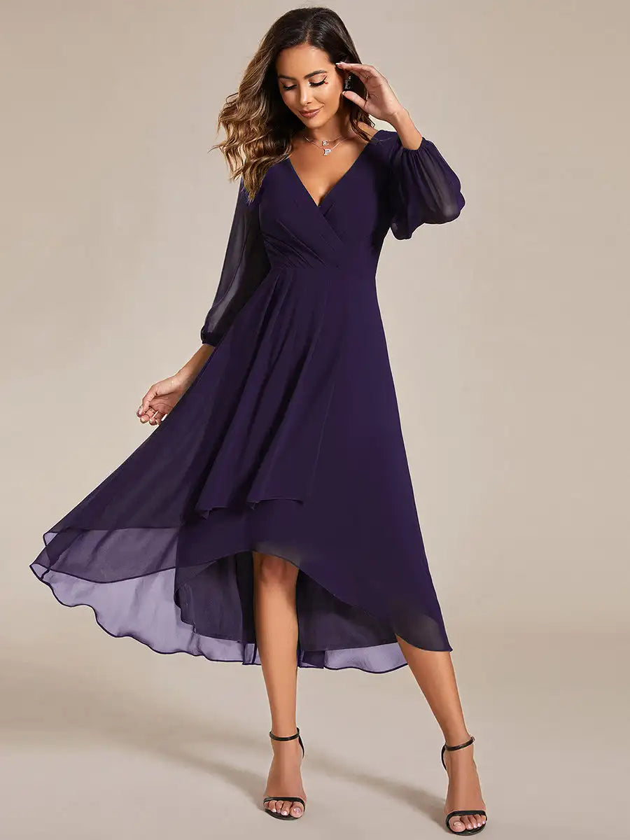 Simple Evening Dresses V-Neck Long Sleeves Pleated Ruffles
