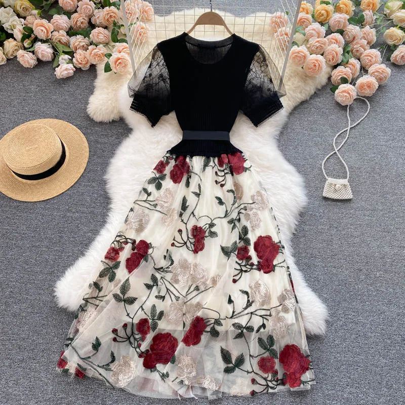 Smlinan Summer Patchwork Embroidery Floral Mesh Dress Women
