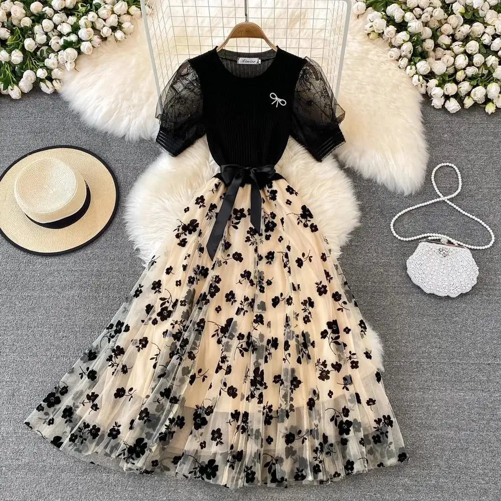 Smlinan Summer Patchwork Embroidery Floral Mesh Dress Women