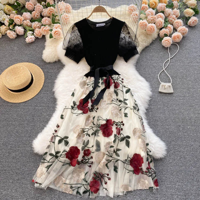 Smlinan Summer Patchwork Embroidery Floral Mesh Dress Women