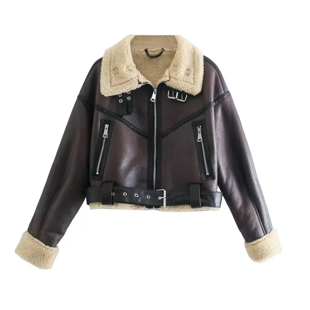 Traf Winter Women Streetwear Faux Lamb Leather Fur