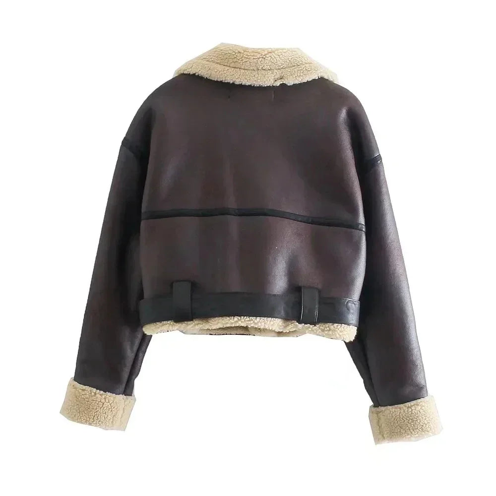 Traf Winter Women Streetwear Faux Lamb Leather Fur