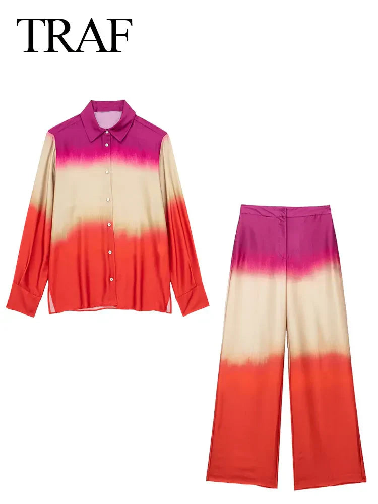 Traf Women'S Fashion Autumn Suit Tie Dye Turn-Down