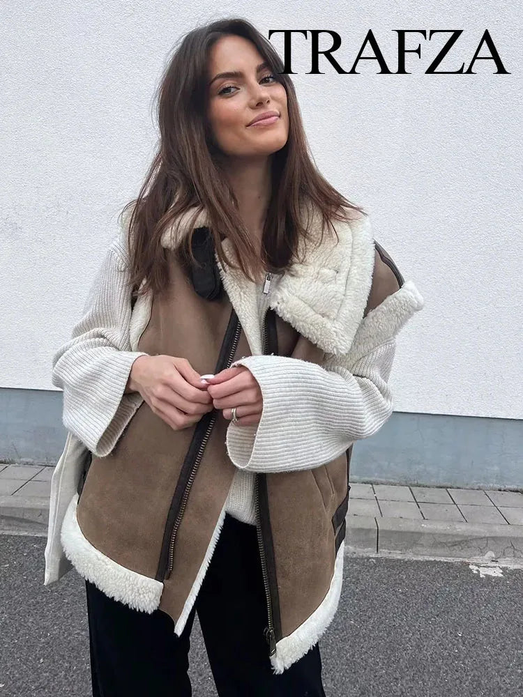 Trafza Winter Fur Vest Women Faux Sheepskin Fur