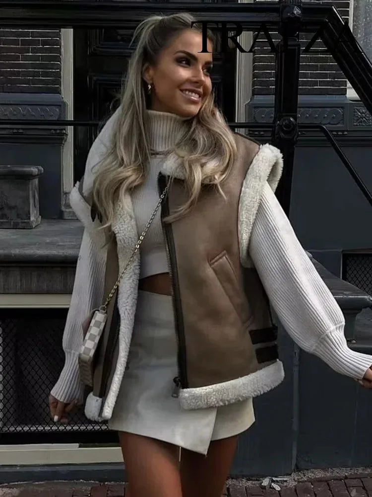 Trafza Winter Fur Vest Women Faux Sheepskin Fur