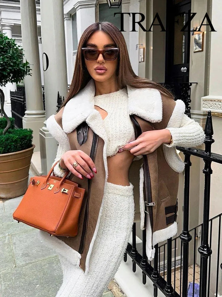 Trafza Winter Fur Vest Women Faux Sheepskin Fur