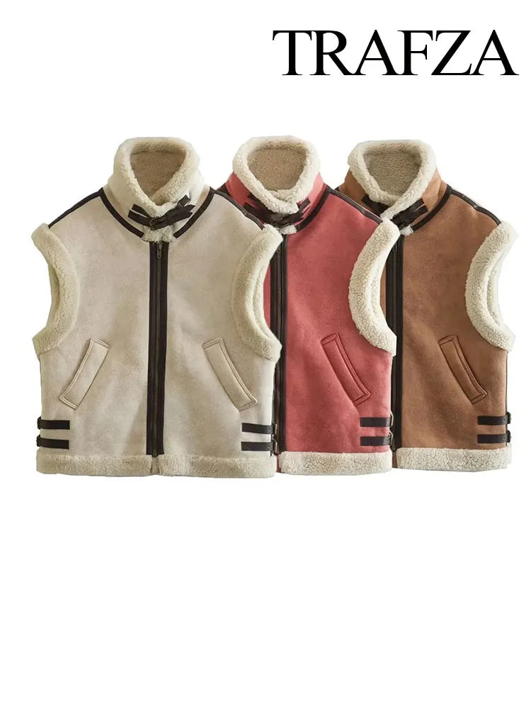 Trafza Winter Fur Vest Women Faux Sheepskin Fur