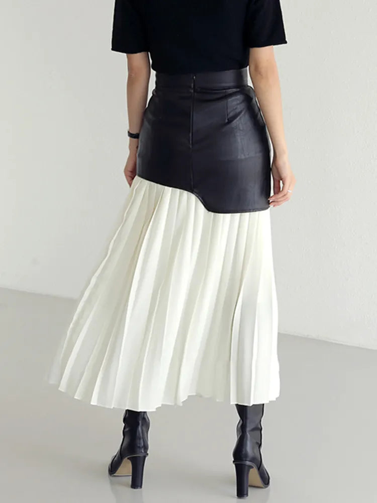 Twotwinstyle Casual Patchwork Pu Skirt For Women High