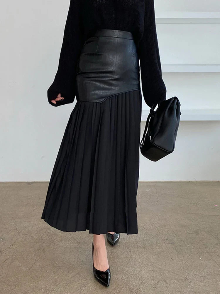 Twotwinstyle Casual Patchwork Pu Skirt For Women High