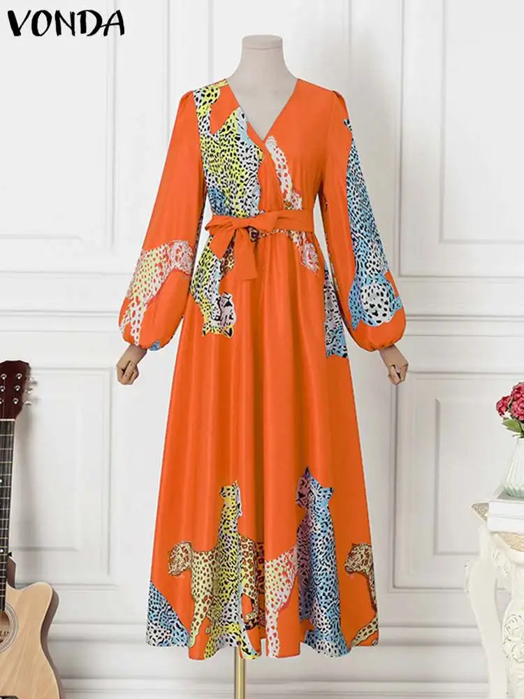 Vonda Women Dress Autumn Vintage Printed V-Neck Casual