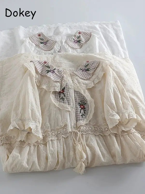 Vintage Embroidery Cotton Linen Lolita Dress Women Japan