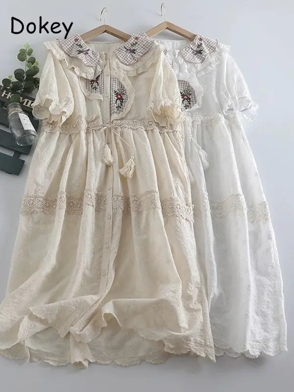 Vintage Embroidery Cotton Linen Lolita Dress Women Japan