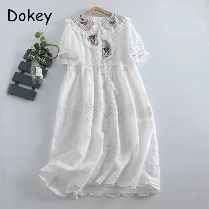 Vintage Embroidery Cotton Linen Lolita Dress Women Japan