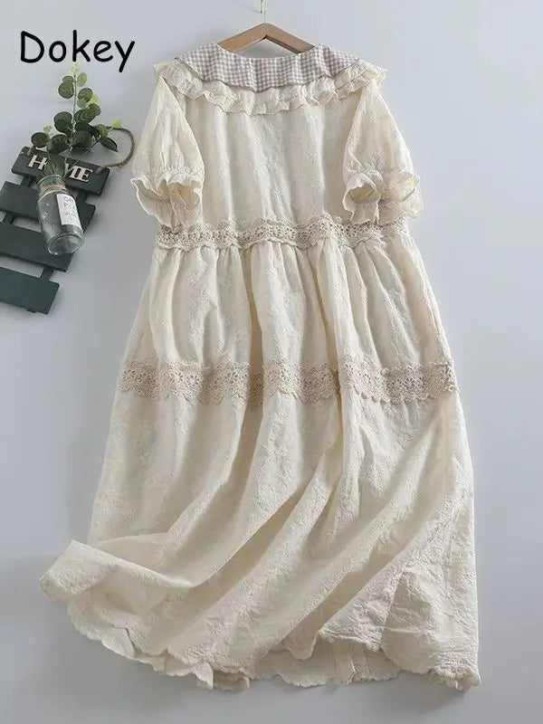 Vintage Embroidery Cotton Linen Lolita Dress Women Japan