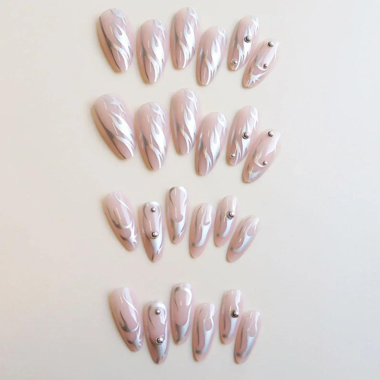 Wearable Silver Stripes Yk False Nails Long Almond