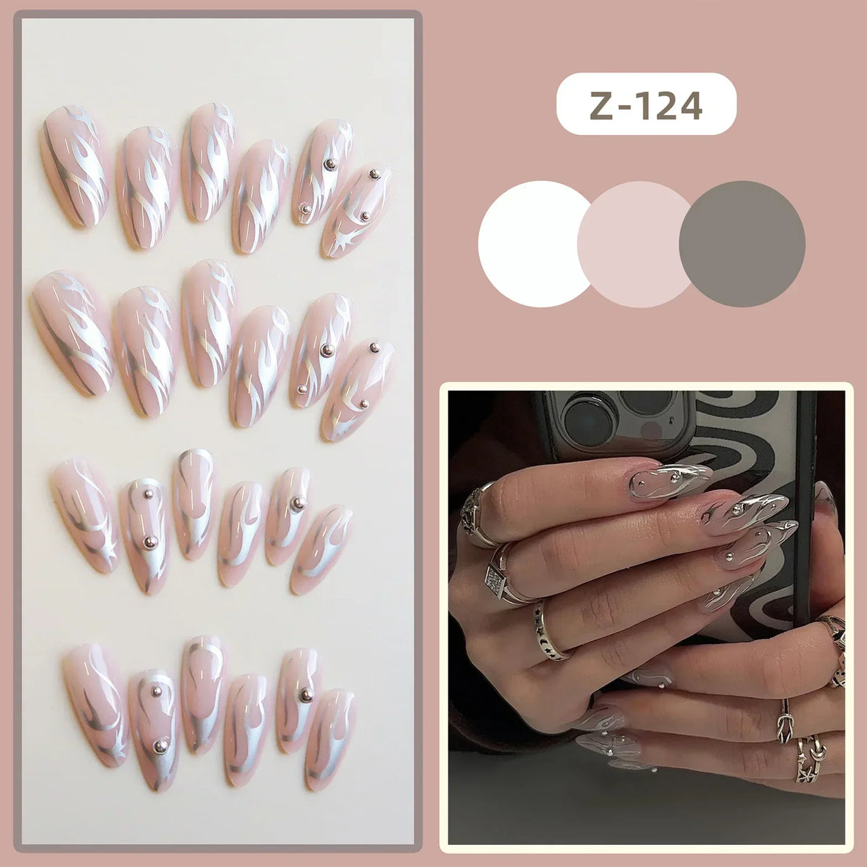 Wearable Silver Stripes Yk False Nails Long Almond