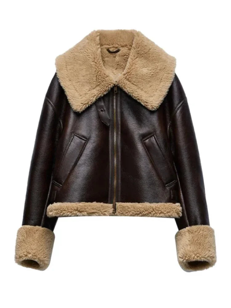 Winter Fur Integrated Lapel Women Jacket Long Sleeve