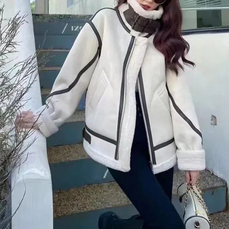 Winter Sheepskin Coat Faux Fur Suede Leather Women