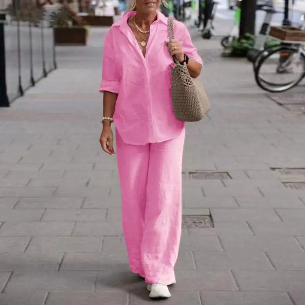 Women Autumn Linen Lapel Shirt Two Pieces Set