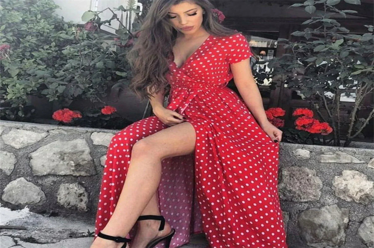 Women Long Split Dress Polka Dot Beach Dress