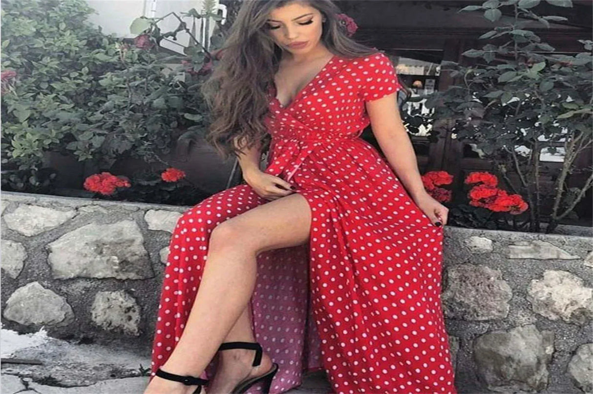Women Long Split Dress Polka Dot Beach Dress
