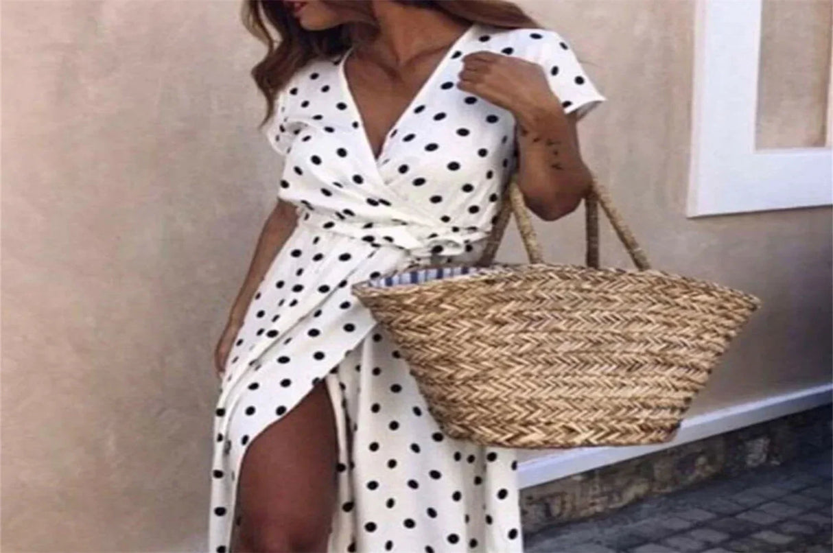 Women Long Split Dress Polka Dot Beach Dress