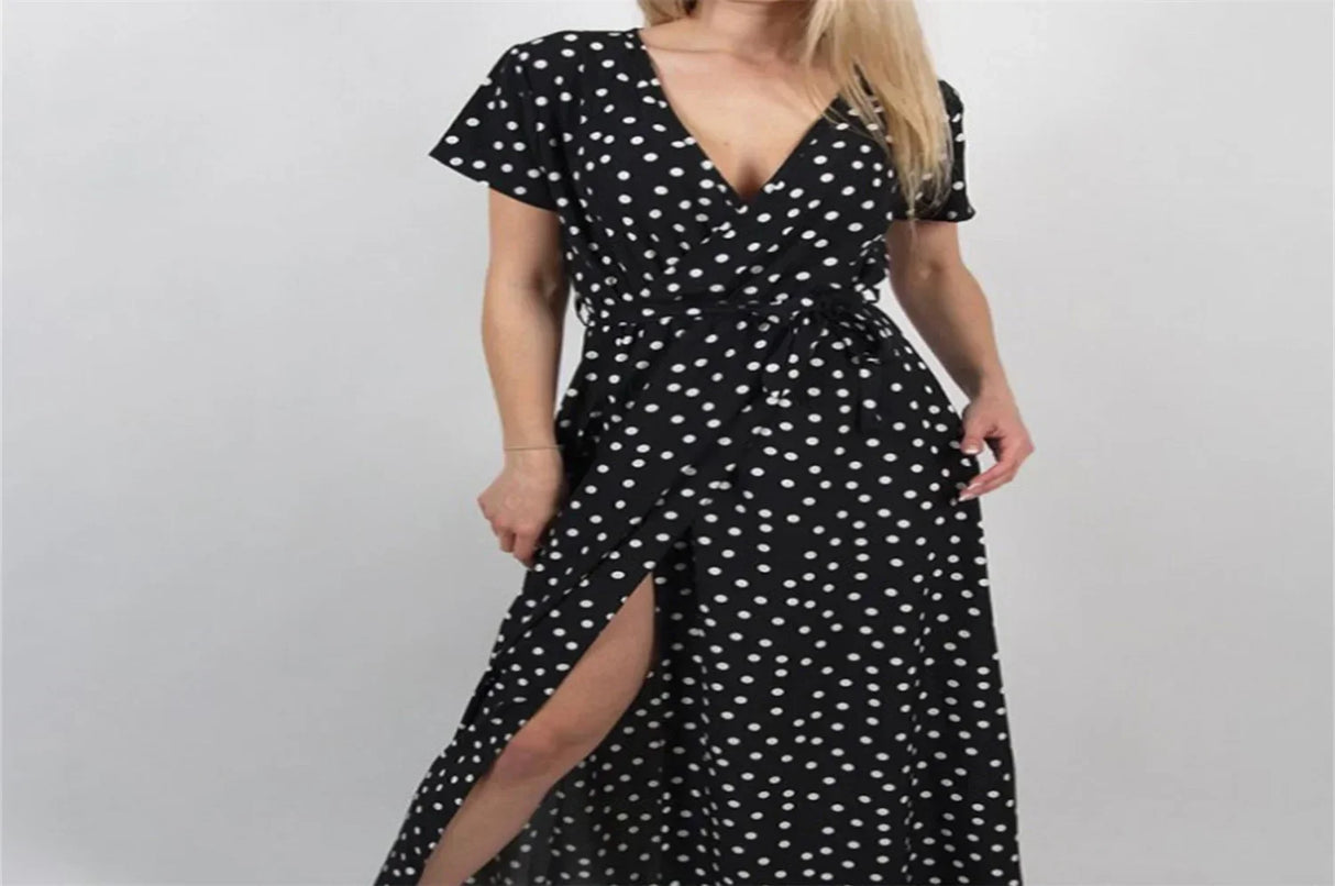 Women Long Split Dress Polka Dot Beach Dress