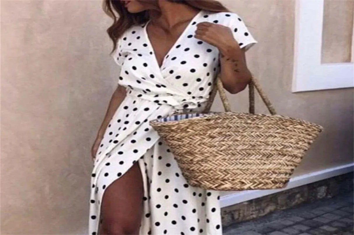 Women Long Split Dress Polka Dot Beach Dress