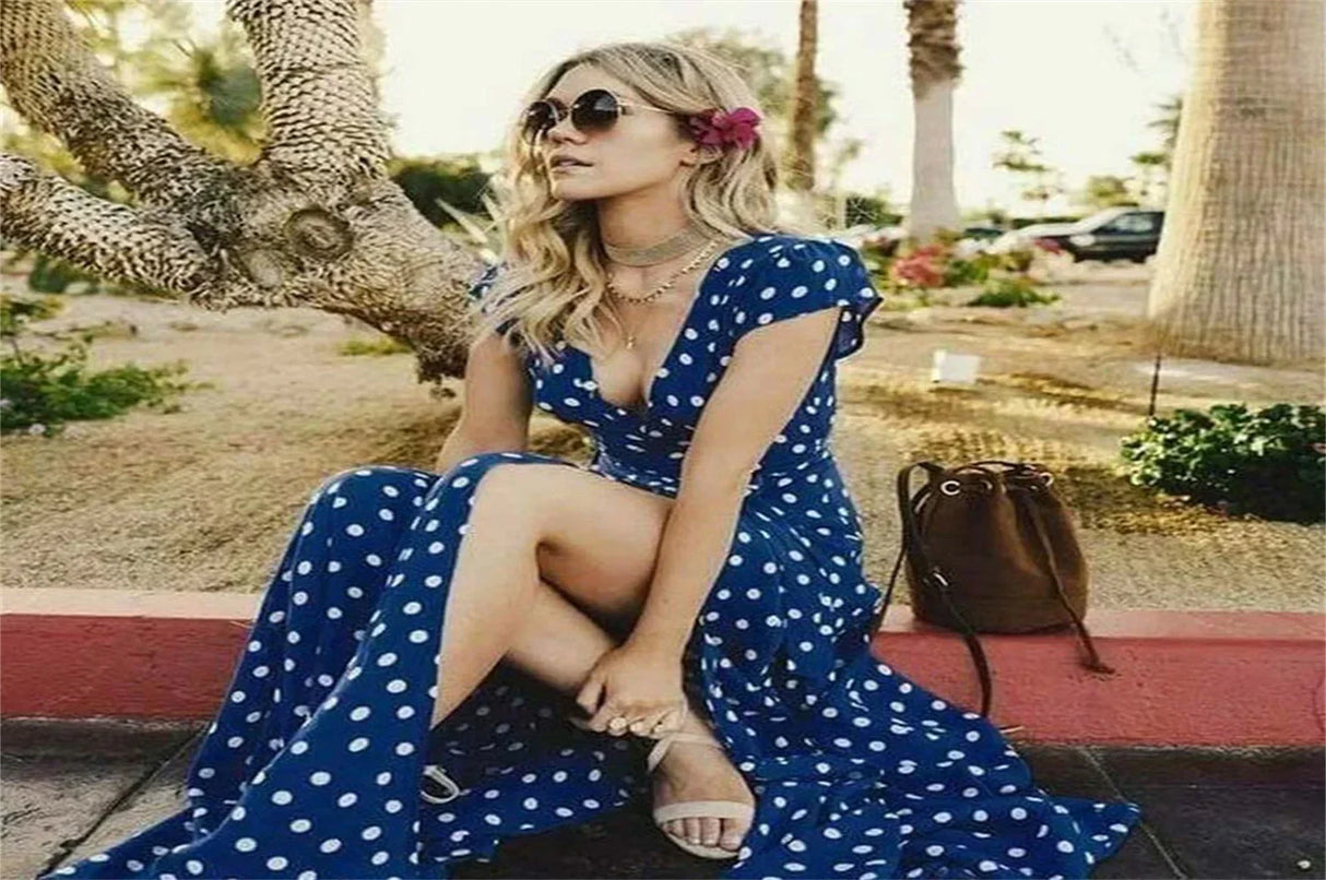 Women Long Split Dress Polka Dot Beach Dress