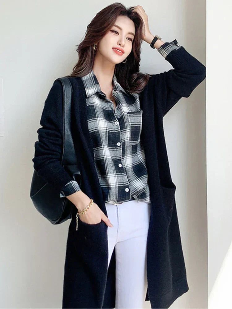 Women Solid Color Loose Thick Warm Sweater Cardigan