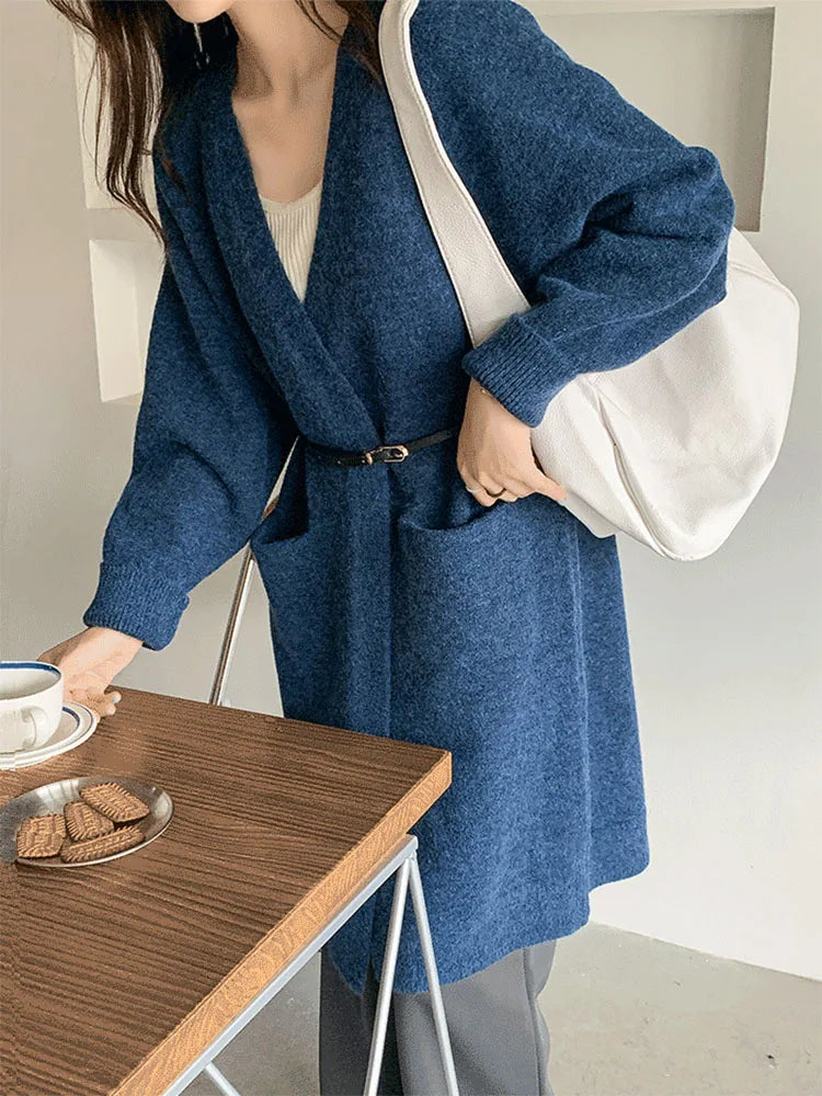 Women Solid Color Loose Thick Warm Sweater Cardigan