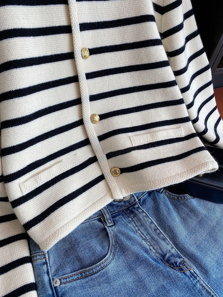 Women Spring Autumn Sweaters O-Neck Stripe Knitted Cardigan