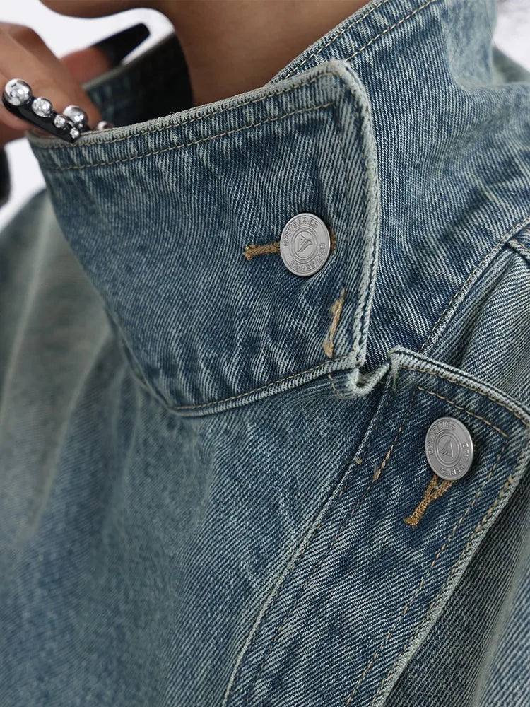 Women' Denim Coat Turtleneck Single Breasted Full Sleeve