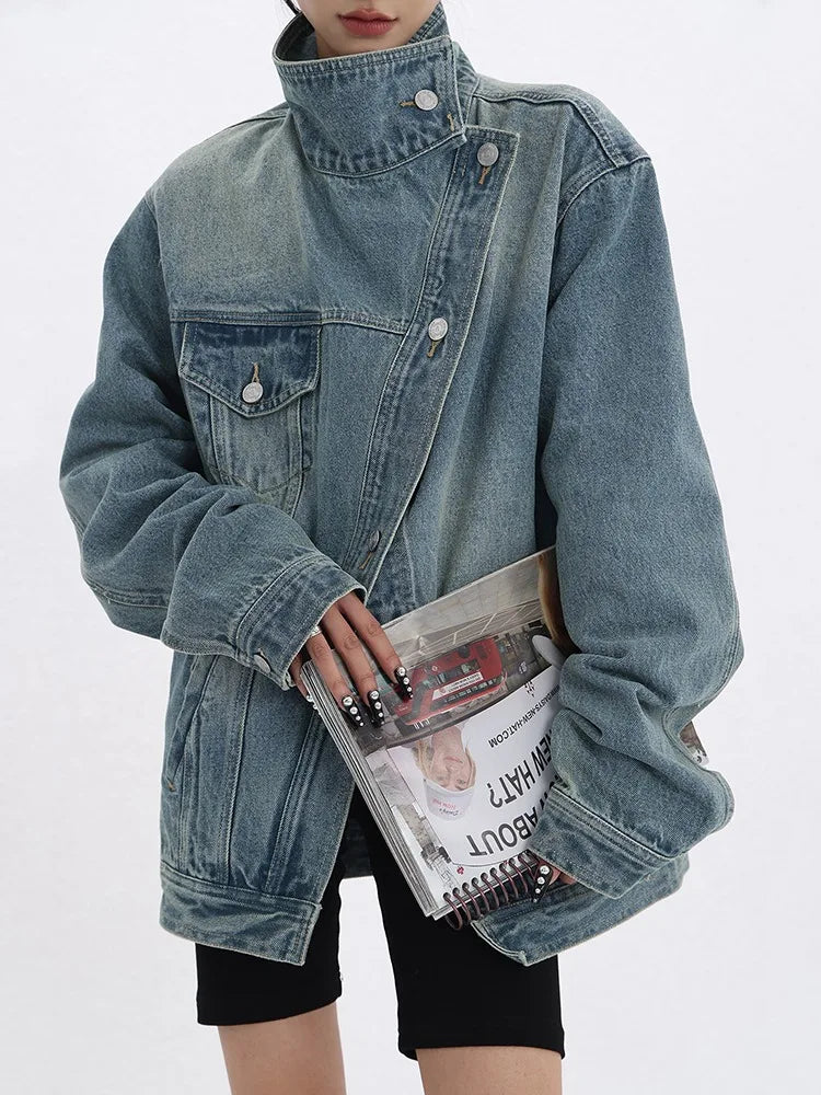 Women' Denim Coat Turtleneck Single Breasted Full Sleeve