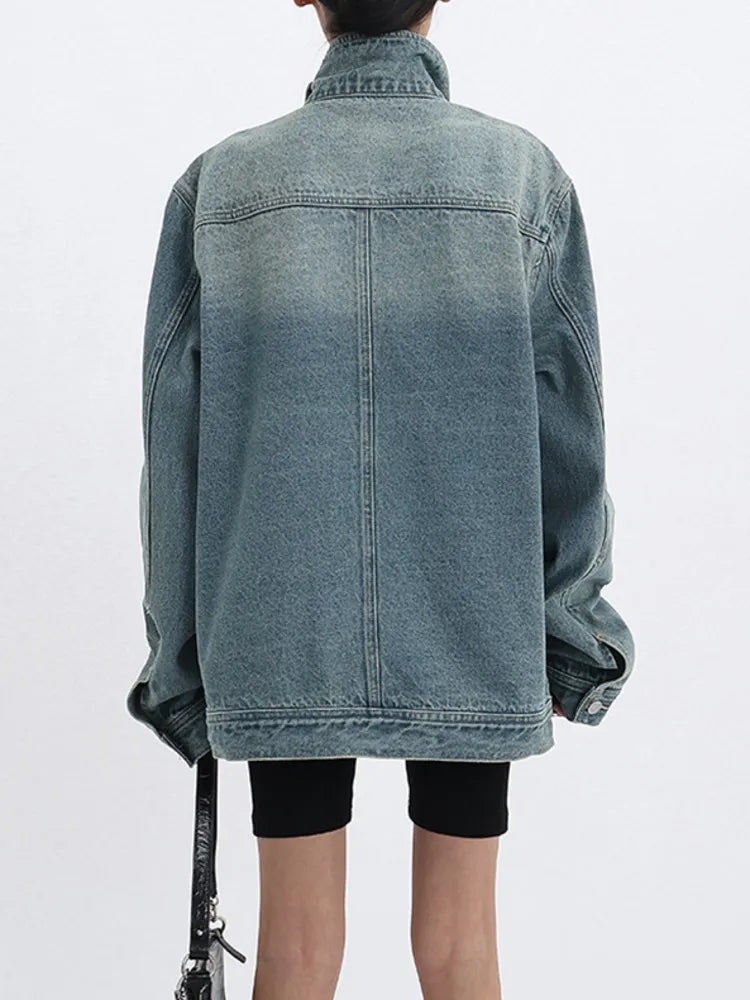 Women' Denim Coat Turtleneck Single Breasted Full Sleeve