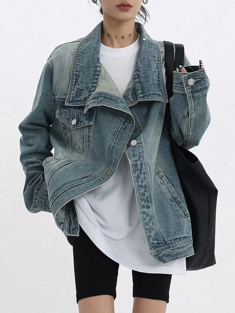 Women' Denim Coat Turtleneck Single Breasted Full Sleeve