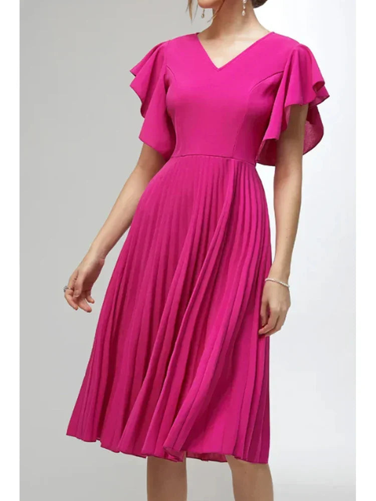 Women' Elegant Pleated A-Line Dress V-Neck Ruffle Sleeve