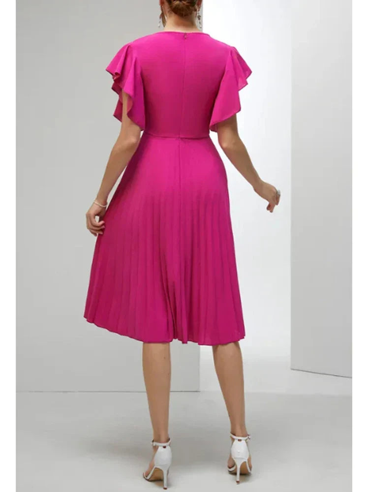Women' Elegant Pleated A-Line Dress V-Neck Ruffle Sleeve