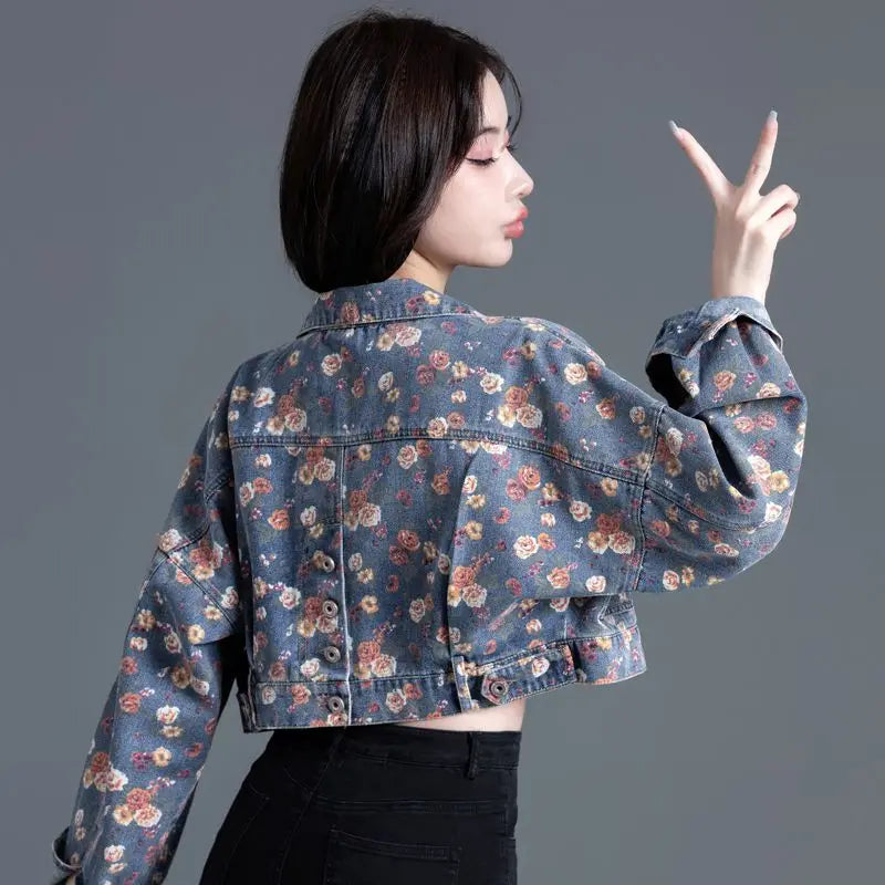 Women' Vintage Floral Long Sleeve Crop Denim Jacket