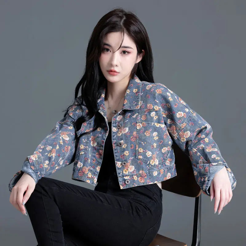 Women' Vintage Floral Long Sleeve Crop Denim Jacket