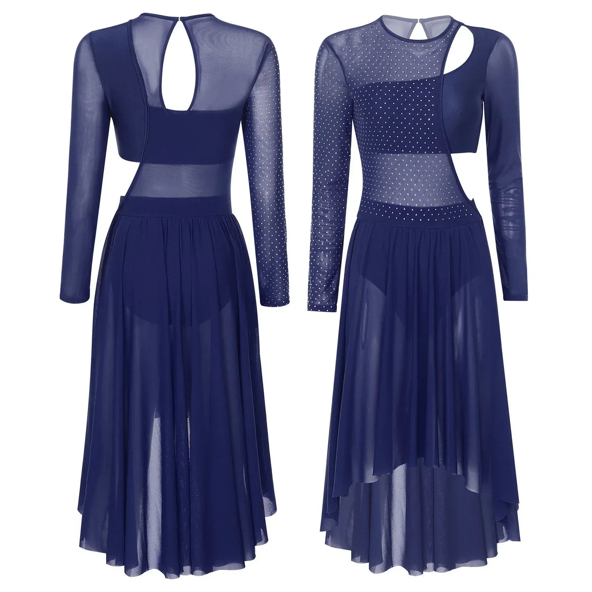 Womens Ballet Lyrical Dance Dress Shiny Rhinestone Sheer