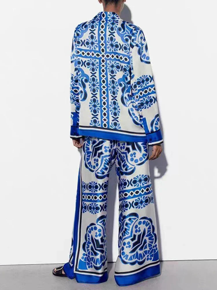 Zbza Women'S Fashion Blue Printed Satin Shirt New