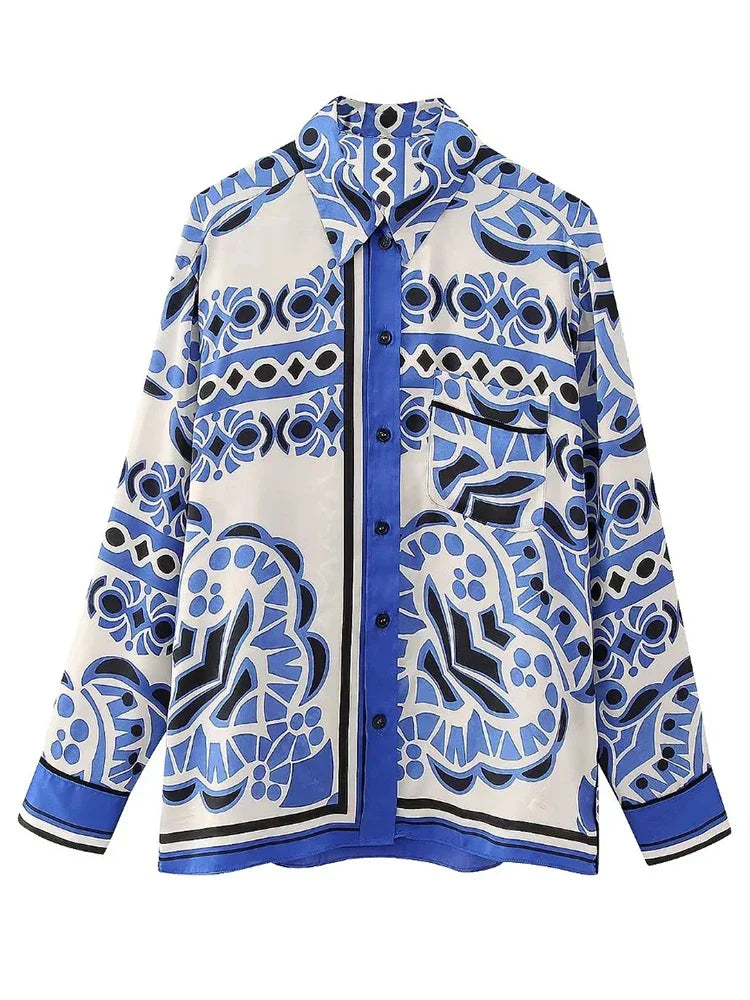 Zbza Women'S Fashion Blue Printed Satin Shirt New