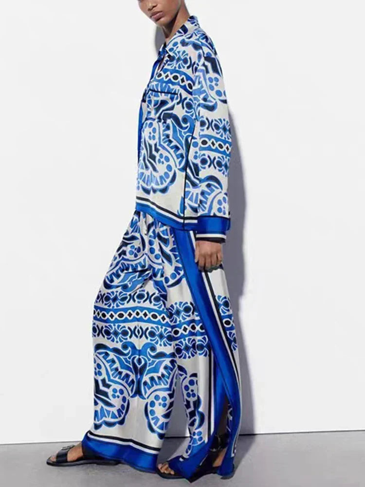 Zbza Women'S Fashion Blue Printed Satin Shirt New