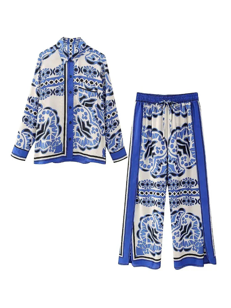 Zbza Women'S Fashion Blue Printed Satin Shirt New